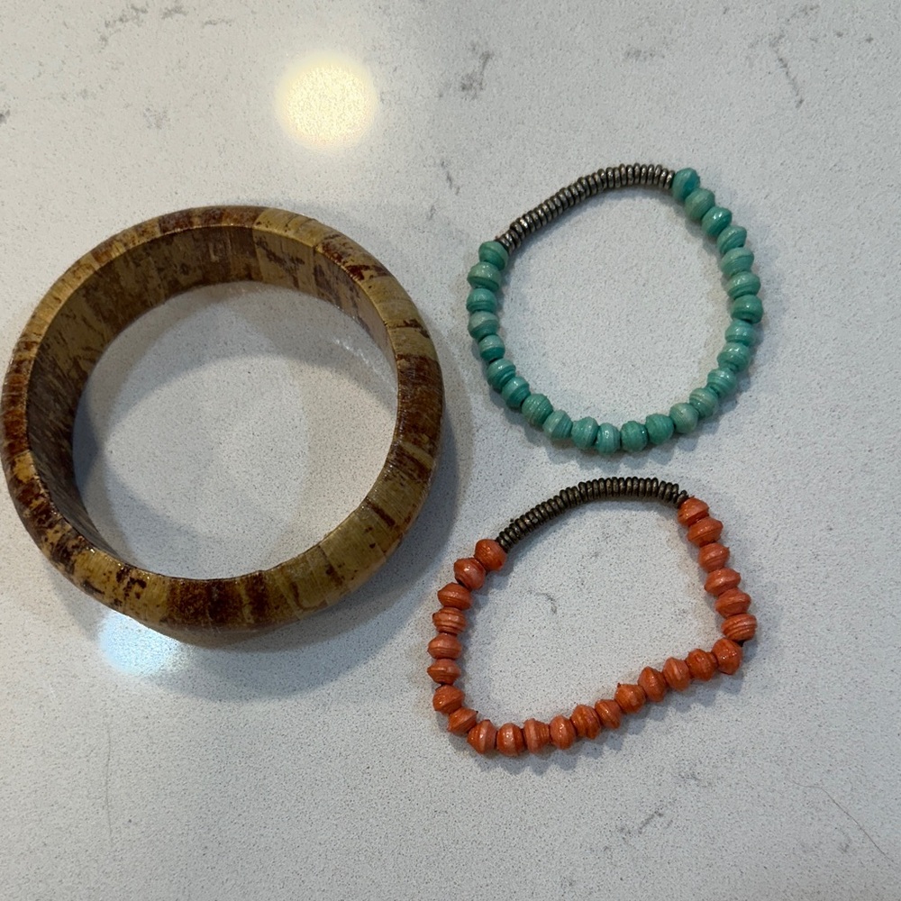 Wooden Bangle and Beaded Bracelet Set